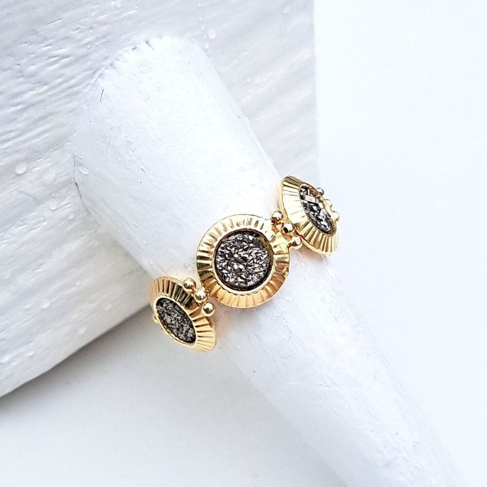 14K Yellow Gold Milor Italy Gray Druzy Medallion Link Ring - Picture 7 of 14